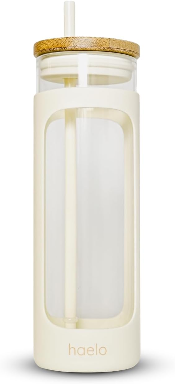 haelo 20oz Glass Tumbler Water Bottle, Iced Coffee Cup with Straw, Silicone Protective Sleeve, Bamboo Lid Reusable BPA Free (Dune)