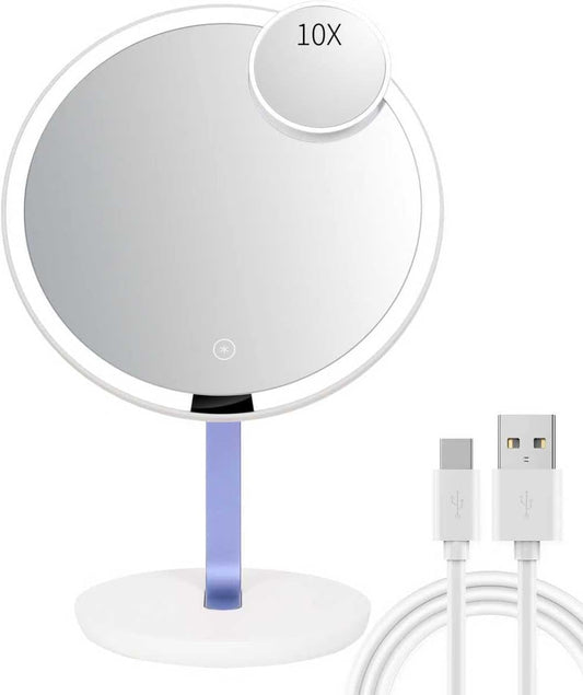 9.65-inch Lighting Makeup Mirror, 1x / 10x,Touch Control,3-Color Adjustable,Metal Stand,up and Down Adjustable Makeup Mirror, High Color Rendering, Eye-Protecting Light Source,Ultramarine