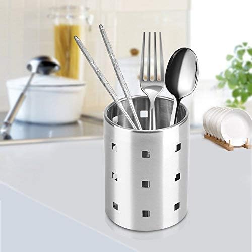 Fdit Chopsticks Holder Stainless Steel Utensil Holder Drying Rack Circular Hole Tableware Storage Rack Organizer (L)
