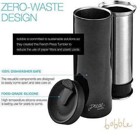 bobble French Coffee Presse, On-The-Go use, Quick Brew, Slim Design, Triple Wall Insulation, 14 oz (Stainless Steel)