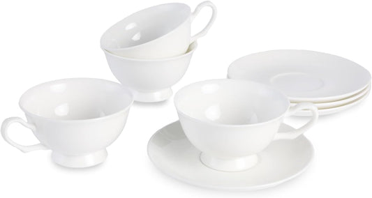 Fine Bone China Espresso Cups and Saucers Set of 4, 5 Oz Classic Plain White Luxury Ceramic Coffee Cups Set, for Wedding, Afternoon Tea, Gift, Work, Festival