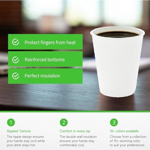 Restaurantware-12 Ounce Disposable Coffee Cups, 500 Double Wall Hot Cups For Coffee - Lids Sold Separately, Rolled Rim, White Paper Insulated Coffee Cups, For Hot Coffee, Tea, And More