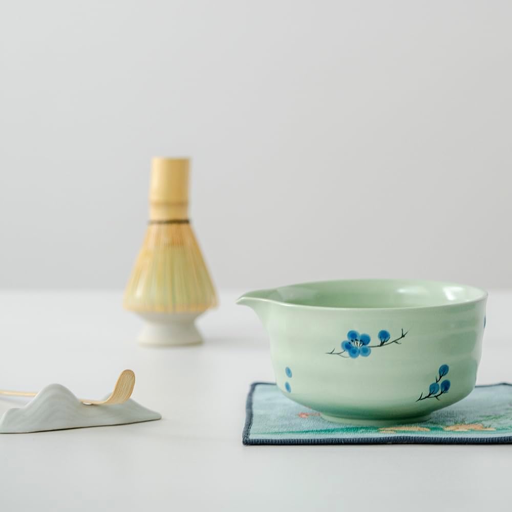 matcha whisk set, including matcha bowl, matcha whisk and stand, sieve, spoon, cloth mat, gift for matcha set(Light green)