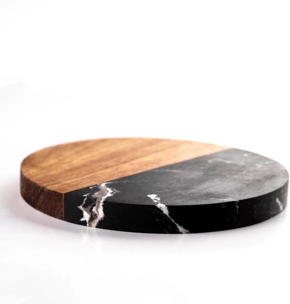 I-LAN Set of 4 Round Natural Wood and Marbel Drink Coasters for Coffee Wooden Table, Drink Bar Coaster Set/Tea Table Coasters for Living Room,Beer Cans,Bar Glasses,4 x 4 Inch