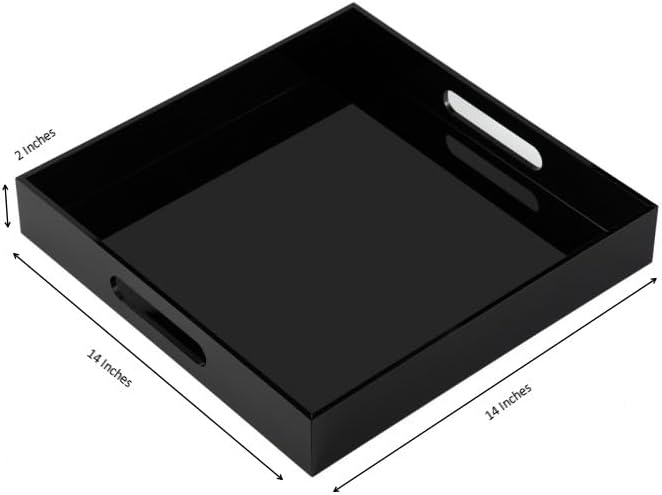 Glossy Black Acrylic Serving Tray - 14x14Inch, Multipurpose, Sturdy, Modern Style, Spill Proof, Countertop Organizer, Vanity Table Tray
