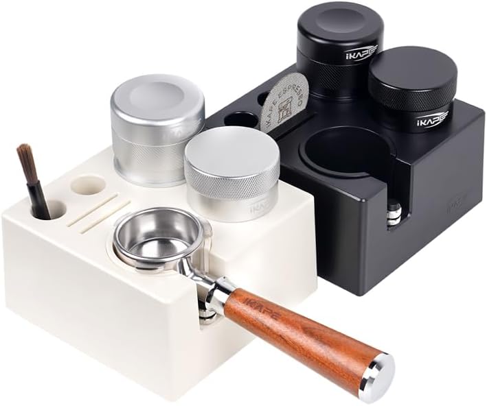 IKAPE ABS Espresso Knock Box, 7 in 1 Coffee Organizer Box Fit for Storage 51, 54, 58MM Espresso Tamper, Distributor, Portafilter & Puck Screen Accessories(White)