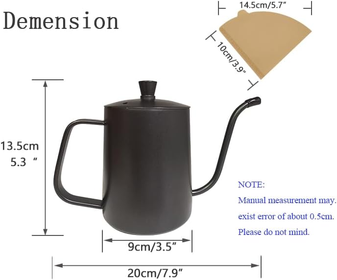 WELLLINK Pour Over Coffee Kettle 20oz 600ML, Leak Proof One-Piece 304 Stainless Steel Gooseneck Kettle with Lid, Food Grade Easy-Clean Narrow Spout & 40 Filters for Home Brewing