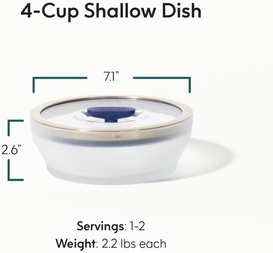 Anyday 4-Cup Microwave Cookware & Glass Container with Glass Lid, Plastic-Free Shallow Food Storage | Stackable Airtight Steamer with Vented Lid for Microwave-Safe Reheating, Steaming Vegetables