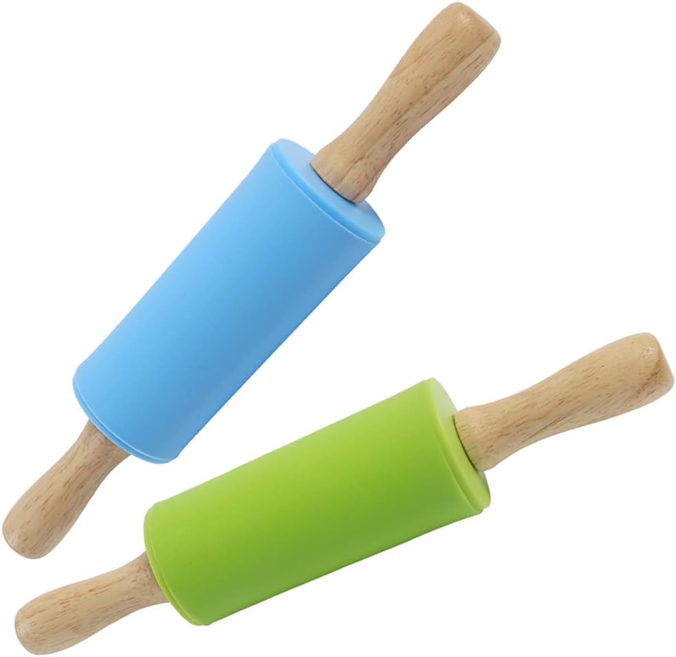 Koogel 9 Inch Mini Kids Rolling Pin, 2 Pcs Small Rolling Pin Handle for Home Kitchen Children Cake
