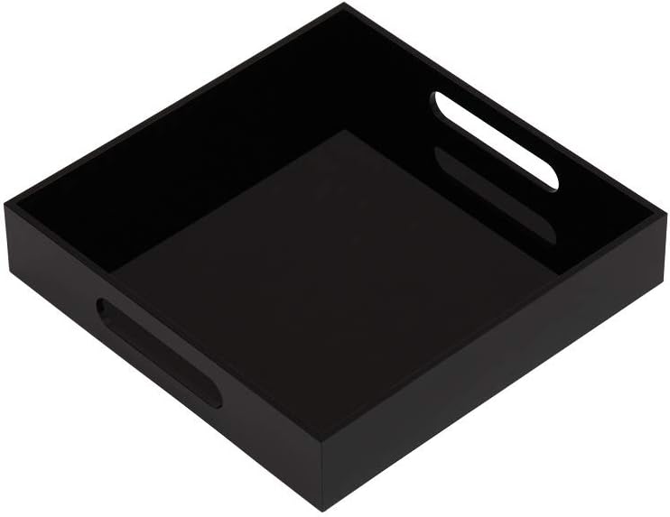 Glossy Black Sturdy Acrylic Serving Tray with Handles-10x10Inch-Serving Coffee,Food,Breakfast,Butler-Kitchen Countertop Tray-Makeup Drawer Organizer-Vanity Table,Ottoman Tray-Decorative Tray