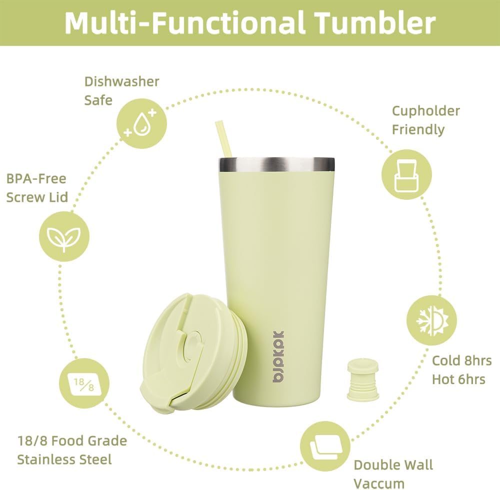 BJPKPK 22oz Insulated Tumbler With lid And Straw Stainless Steel Tumblers Travel Coffee Mug Reusable Thermal Cup,Macaron Green
