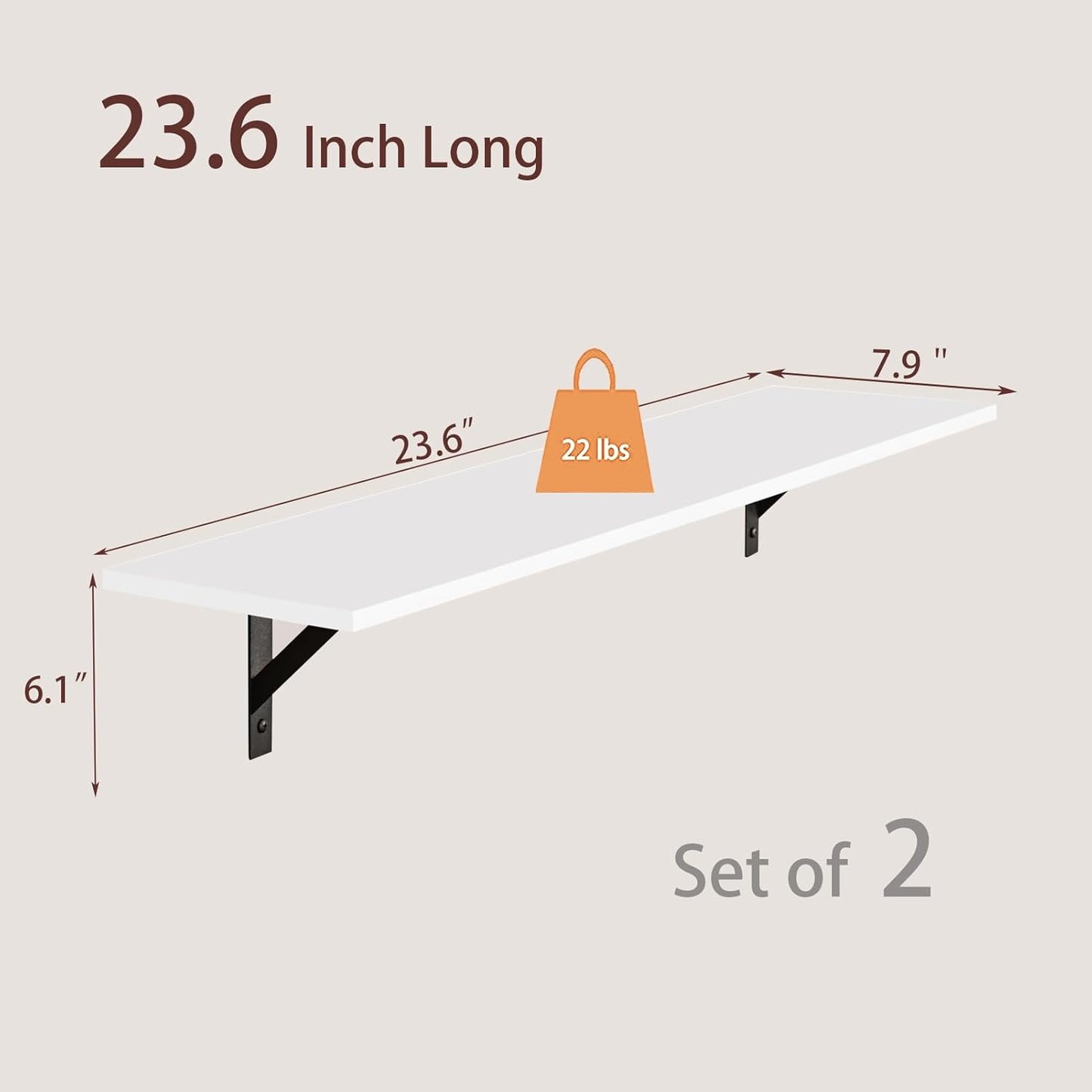 DINZI LVJ Long Wall Shelves, 24 Inch White Floating Shelves Set of 2, Easy-to-Install, Wall Storage Ledges with Sturdy Metal Brackets for Living Room, Bathroom, Bedroom, Kitchen, White