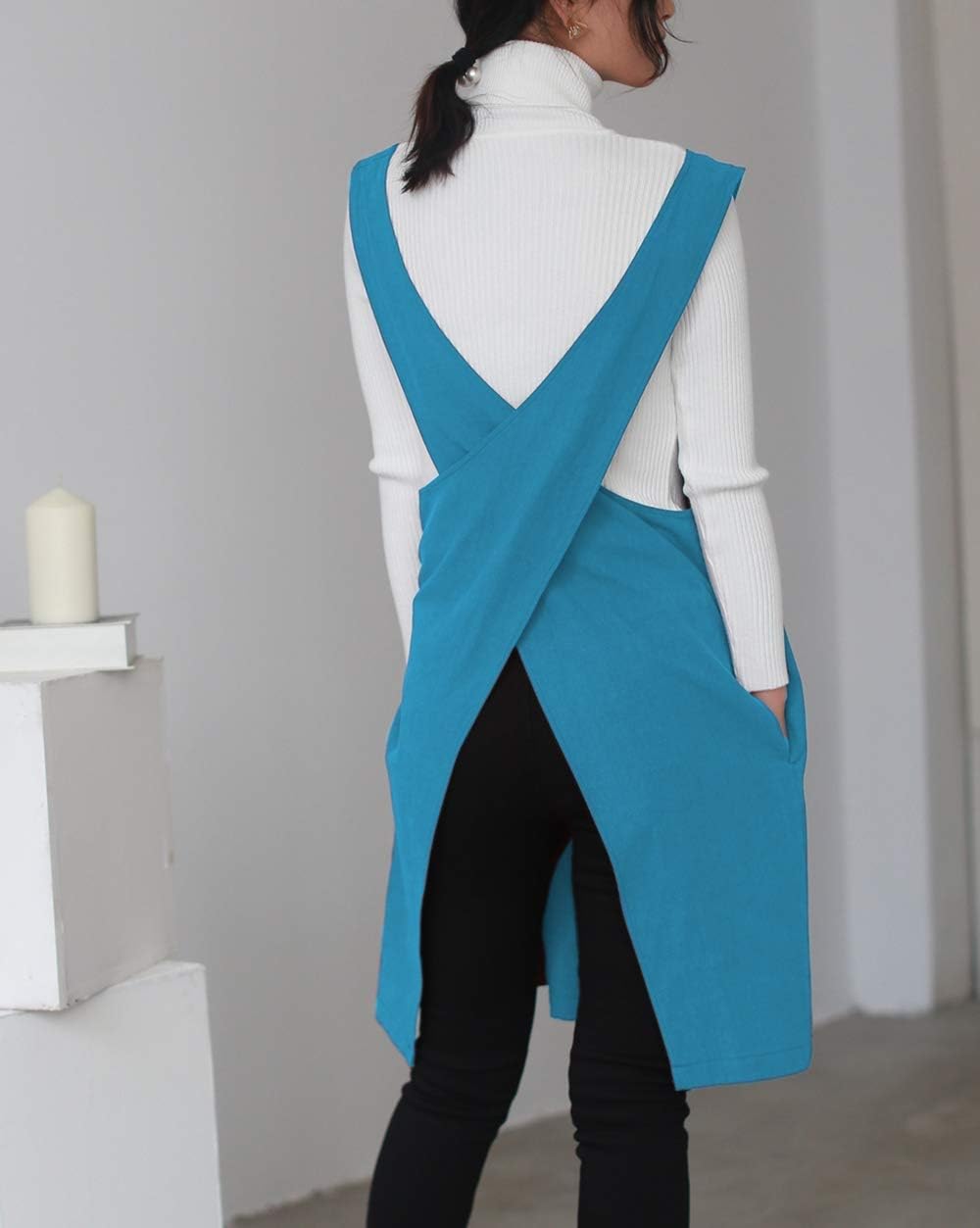 Cotton Linen Japanese Apron Halter Cross Back Bandage X Shape Aprons Two Pockets