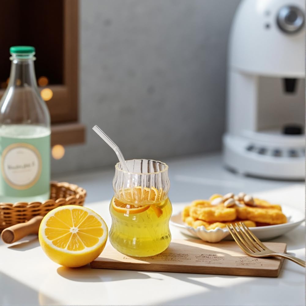 2 Pcs Ribbed Glass Cups, 18oz Vintage Ripple Drinking Glasses Glassware for Iced Coffee, Juice, Milk, Cocktails, Water, Cold Beverages