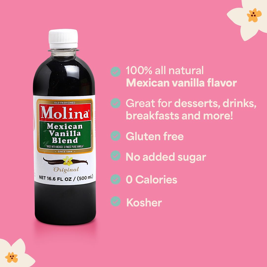 Vanilla Molina - Mexican Vanilla Blend with Pure Vanilla Extract - 2 Pack (16.6 Fl Oz Bottles) - 33.86 Fl Oz Total, Natural Flavoring for Baking, Drinks and Desserts