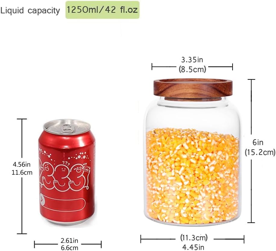 Glass Storage Jars with Airtight Lids, Set of 2 42 FL OZ (1250ml) coffee container with Wooden Lid, Glass Pantry Canister for Beans, Rice, Sugar and etc (6.3 inch high)