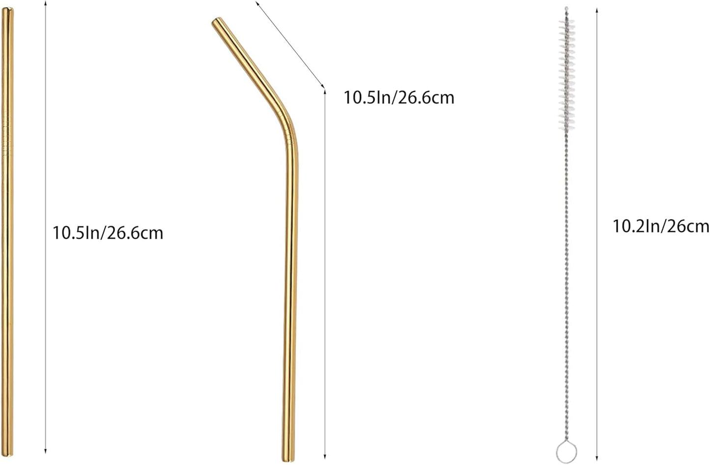 10 Pcs Stainless Steel Straws, Reusable Drinking Straws, 5 Straight + 5 Bent Metal Straws Set With 2 Pcs Cleaning Brushes (Gold, 10.5 Inch)
