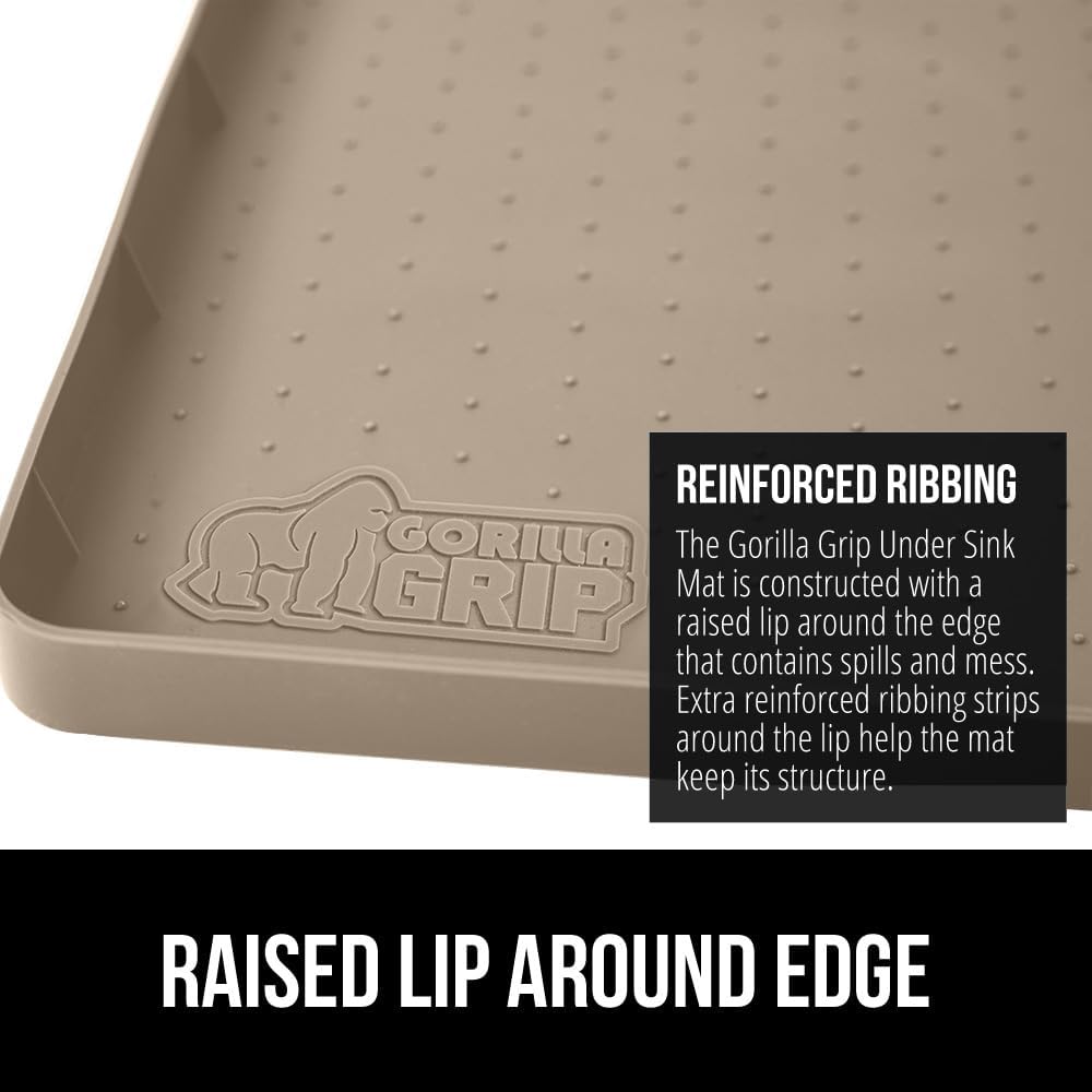 GORILLA GRIP Waterproof Silicone Under Sink Mat with Raised Lip for Kitchen and Bathroom, 34 x 22 in, Cabinet Shelf Liner Stay in Place Mats Dishwasher Safe Drawer Liner, Organizer Tray, Beige