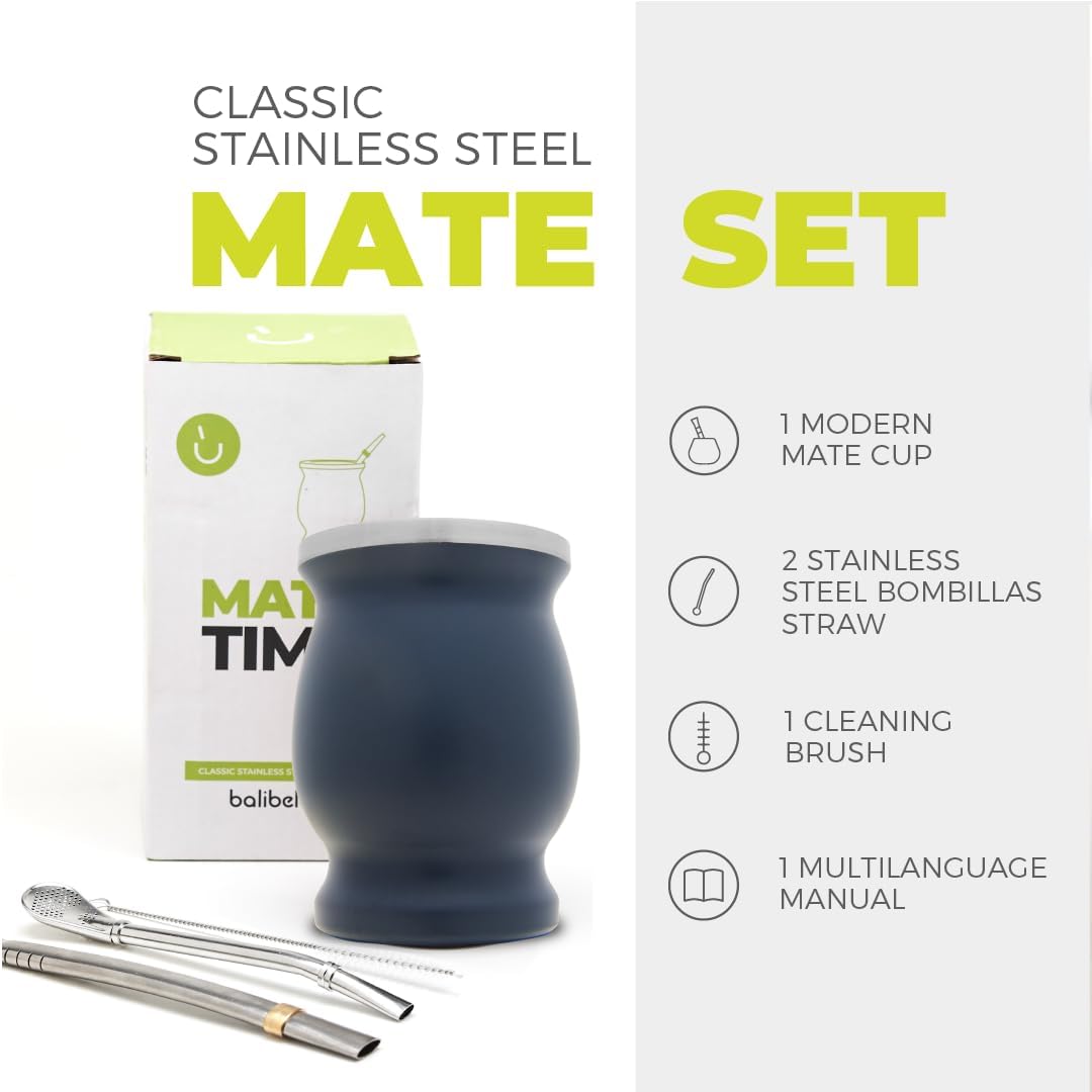 Balibetov [NEW] double wall Stainless Steel Yerba Mate Gourd set (Mate cup) with Yerba Mate Bombilla (straw) (GRAY)