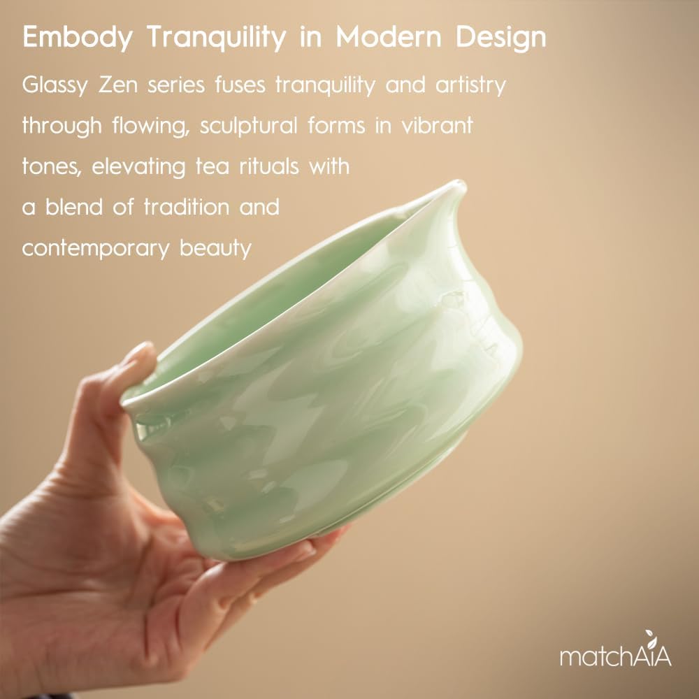 7 Pcs Matcha Set - Ceramic Bowl, Bamboo Whisk with Holder, Sifter, Schima Spoon, Spoon Rest and Tea Towel, Complete Kit for Traditional Matcha and Modern Lattes (Green)