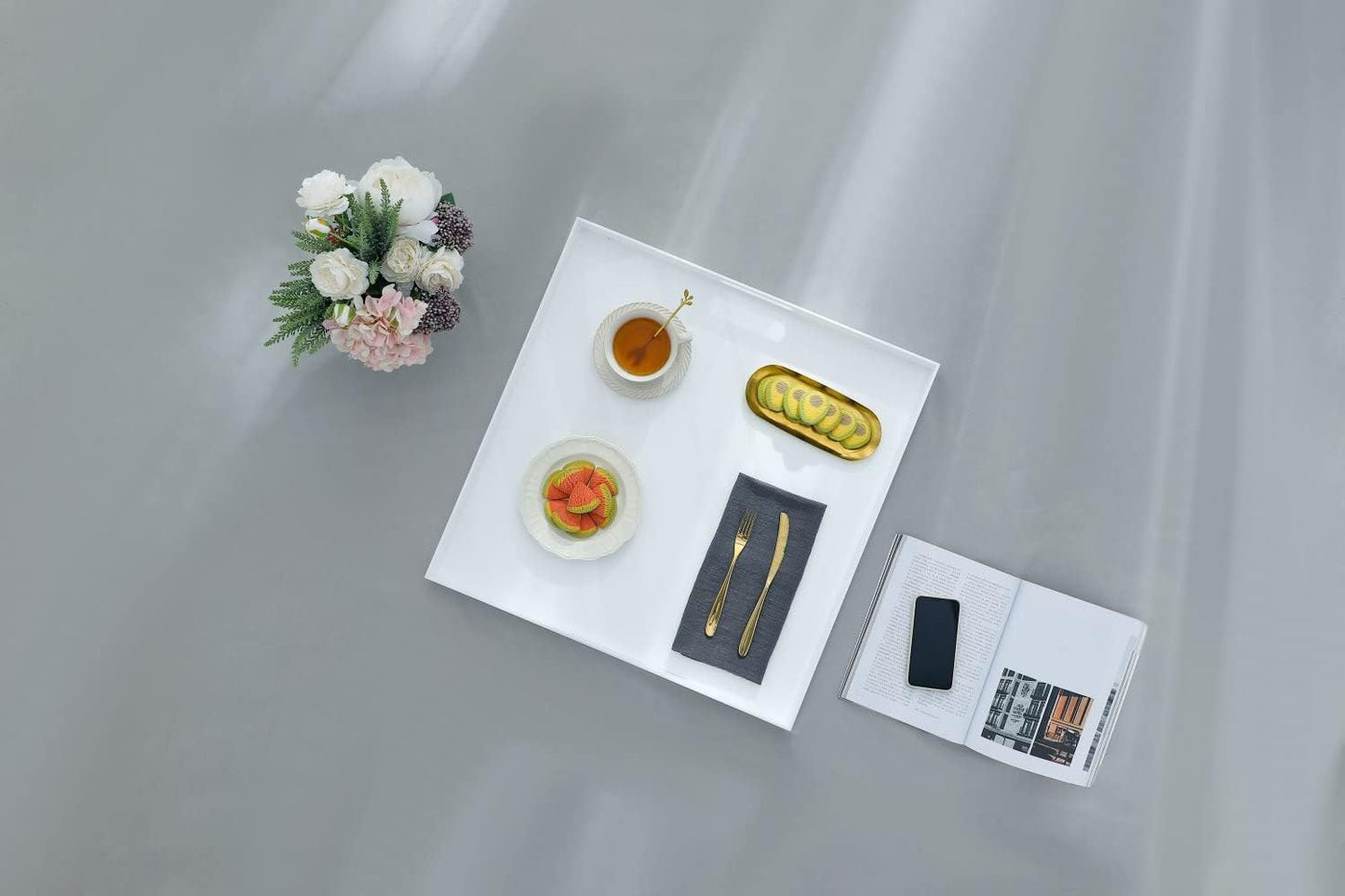 Glossy White Sturdy Acrylic Serving Tray with Handles-24x24Inch-Serving Coffee,Appetizer,Breakfast,Butler-Kitchen Countertop Tray-Makeup Drawer Organizer-Vanity Table,Ottoman Tray-Decorative