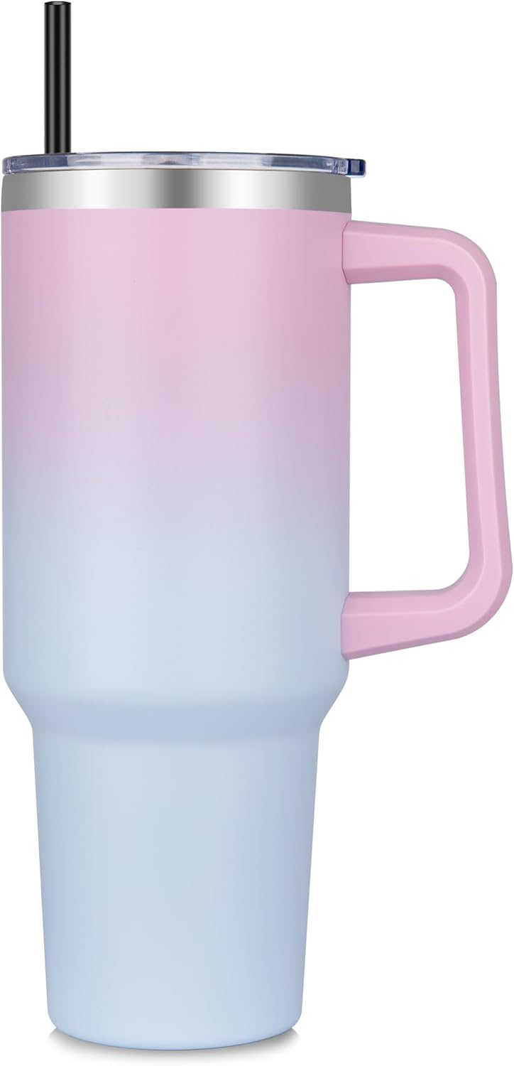 DOMICARE 40 oz Tumbler with Handle and Straw, Stainless Steel Tumbler with Lid and Straw, Reusable Vacuum Insulated Cup, Travel Coffee Mug, Dreamy Pink Blue, 1Pack