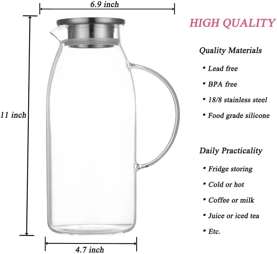 80 Ounces Glass Pitcher with Lid, Hot/Cold Water Jug, Juice and Iced Tea Beverage Carafe