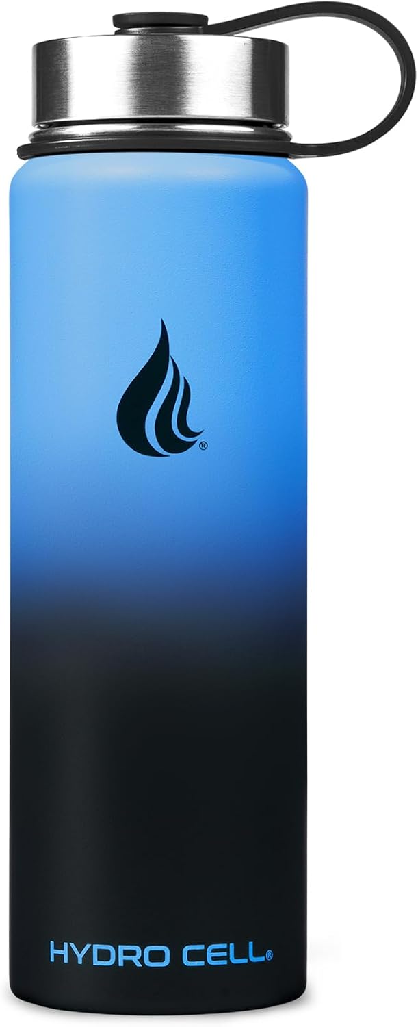 HYDRO CELL Stainless Steel Insulated Water Bottle with Straw - For Cold & Hot Drinks - Metal Vacuum Flask with Screw Cap and Modern Leakproof Sport Thermos for Adults (Blue/Black 24oz)