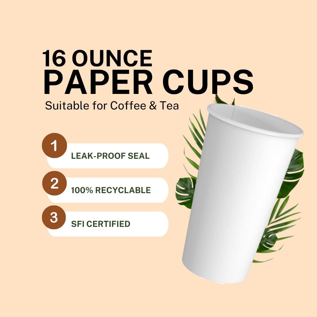 Paper Cups 16 oz 200 Pack for Coffee & Tea Made in USA | Bulk 200 Count for Home, Office, Restaurants & Parties | Recyclable Disposable 16 Ounce To-Go Cups for Hot Drinks