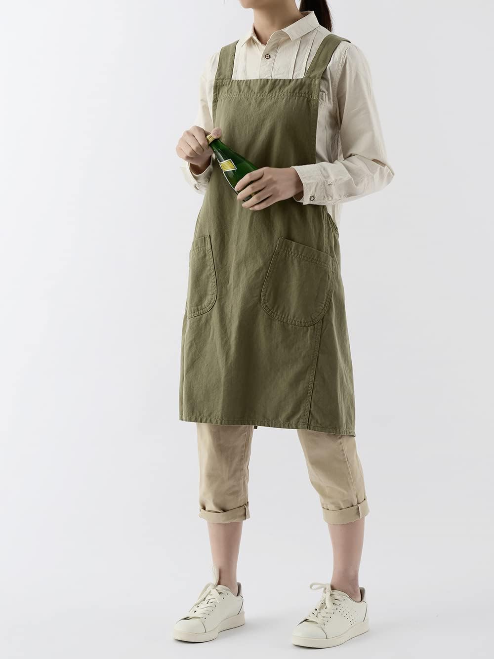 Soft Cotton Linen Apron for Women - Non-tie Cross Back Apron with Pockets, Great for Florist and Kitchen