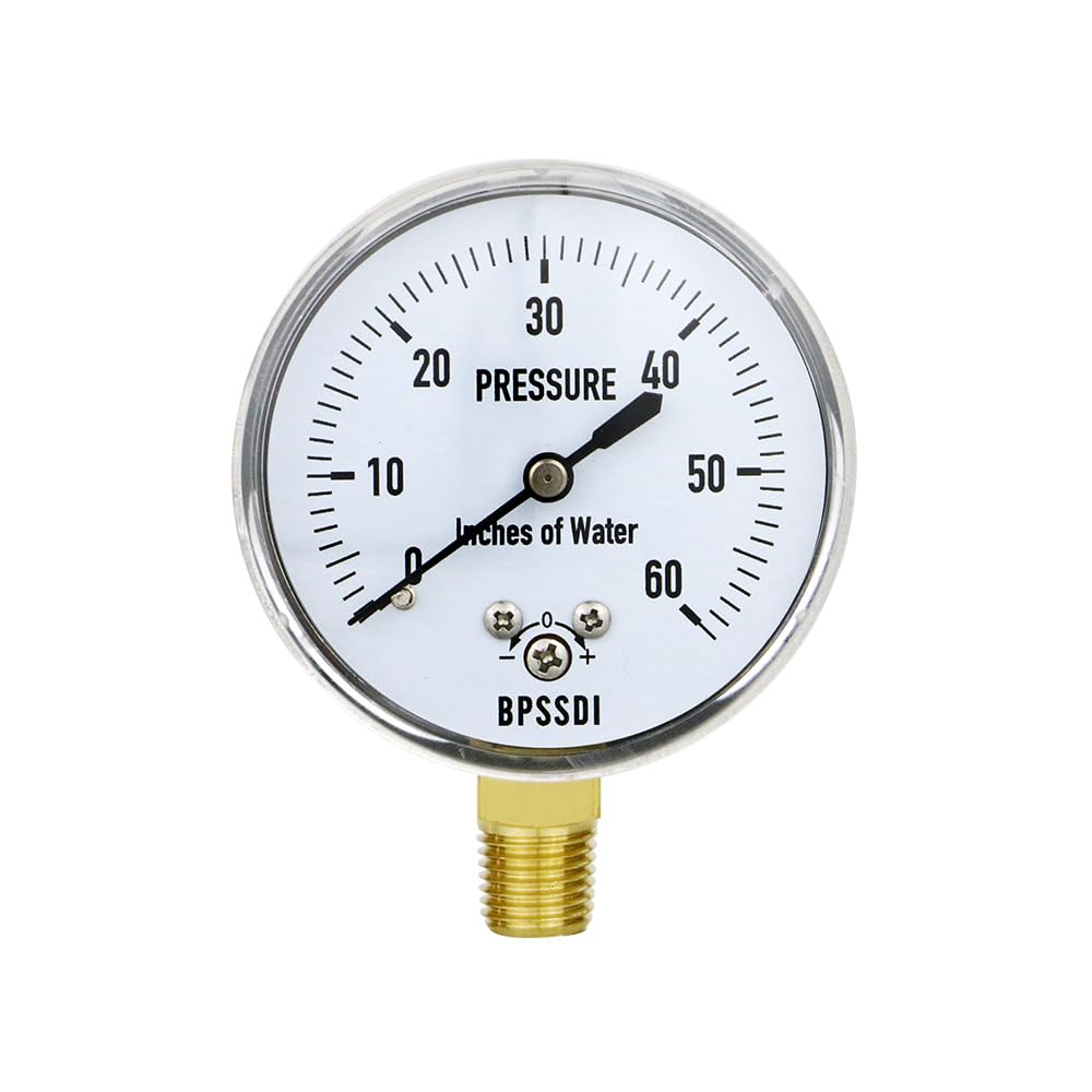 0-60 Inches of Water Column Gauge, Low Pressure Gauge, Capsule Gauge, 304 Stainless Steel Case, 2.5" Dial Size, 1/4" NPT Lower Mount, Zero Adjustment, for Air Water Gas Pressure Test