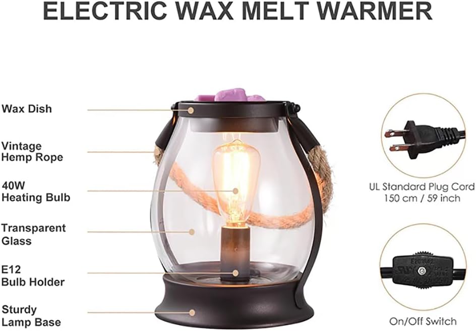 Electric Wax Melting Heater,Edison Bulb Wax Heater,Heater for Scented Wax,Oil Burner for perfumes,Home Decor (Retro, Twine Handle)