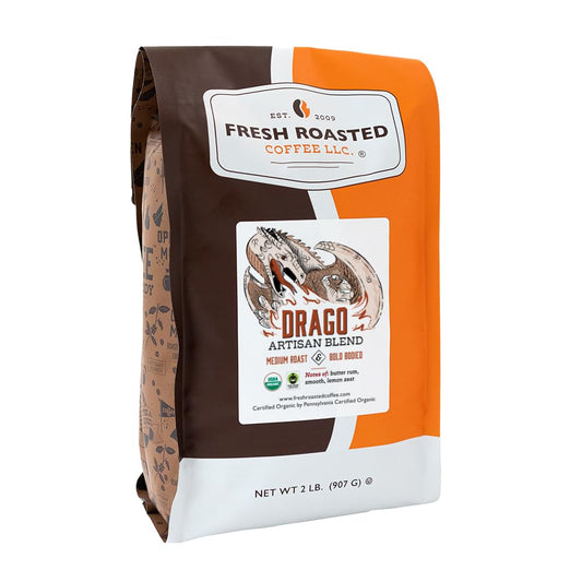 Fresh Roasted Coffee, Organic Drago Café Blend | USDA Organic, Kosher | Medium Roast 2 lb (32 oz) Whole Bean