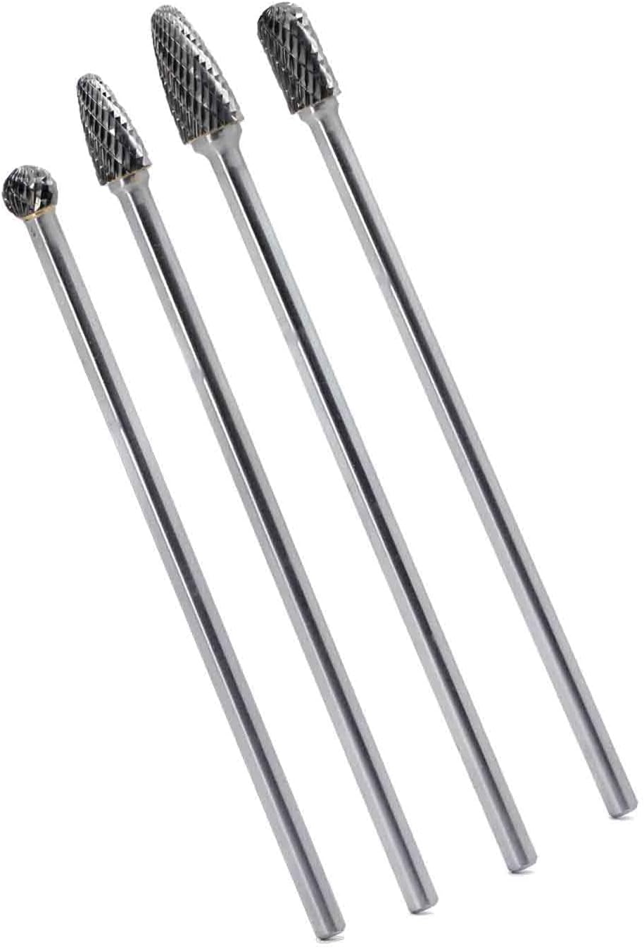 4pcs 6mm Shank Die Grinder Burr Set Rotary File Set Fits Rotary Tool 6-Inch Long Shank Tungsten Carbide Burr Set for Woodworking Drilling Carving Engraving