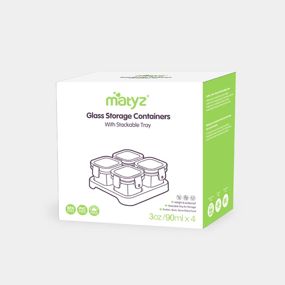 Matyz 4-Pack Glass Baby Food Storage Containers with Airtight Lids and Stackable Tray (Green, 3 OZ Each) - Small Freezer Storage Containers for Baby On The Go - Air Tight Food Storage Containers