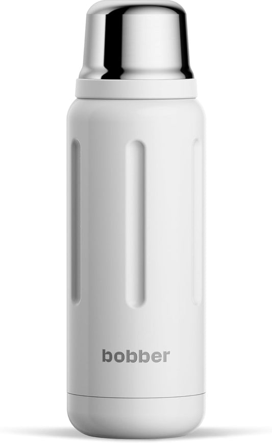 BOBBER 26 oz Stainless Steel Travel Thermos for Hot Drinks – Dishwasher Safe Metal Water Bottle with Cup Lid for Men, Hiking, Travel – Keeps Hot for 36 Hours – BPA-Free, Vacuum Insulated (Iced Water)