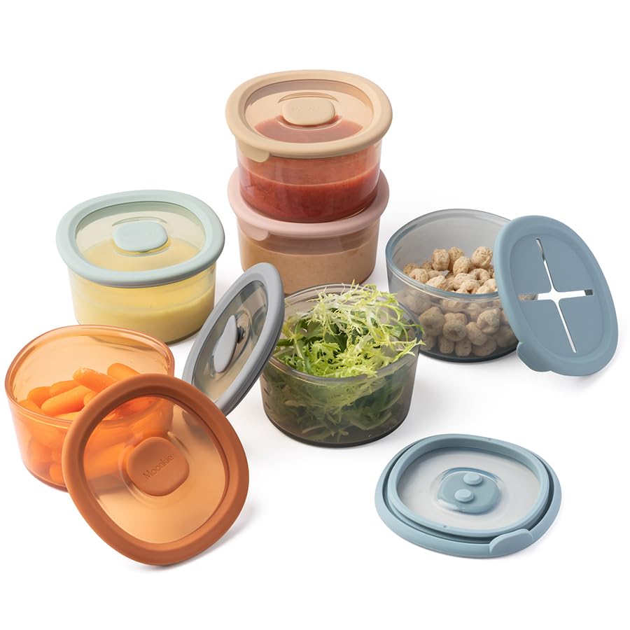 Moonkie Silicone Snack Containers for Kids and Toddlers | 8 oz Baby Food Containers with Airtight Lids and A Snack Lid | Baby Food Jars | BPA Free | Freezer & Dishwasher Safe | 6 Pack