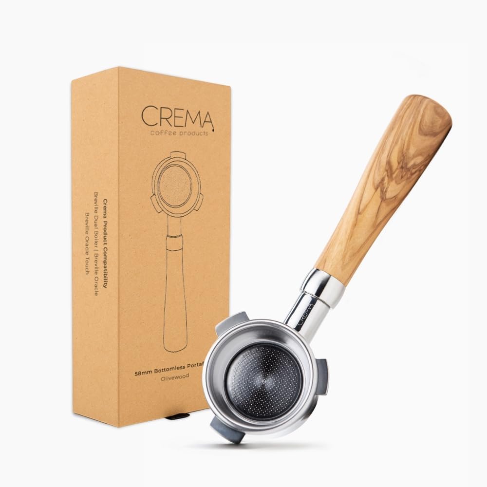 Crema Coffee Products 58mm Bottomless Naked Portafilter | Compatible with 58mm Breville Machines | Includes Double Shot Filter Basket | Olivewood