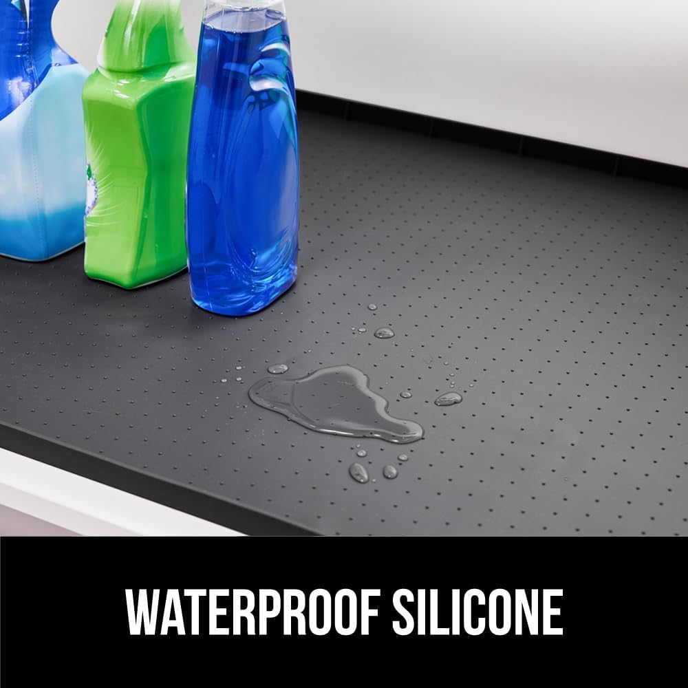 GORILLA GRIP Waterproof Silicone Under Sink Mat with Raised Lip for Kitchen and Bathroom, Cabinet Shelf Liner Stay in Place Mats Dishwasher Safe Drawer Liner, Organizer Tray, 15 x 22 in, Black
