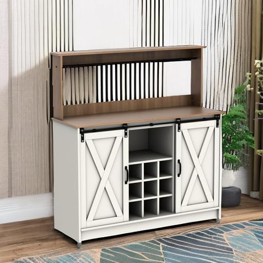 4ever2buy Farmhouse Coffee Bar Cabinet with 6 Hooks, 47'' Kitchen Coffee Bar with Hutch and 9 Wine Racks, White Sideboard Buffet with Sliding Barn Door for Dining Living Room