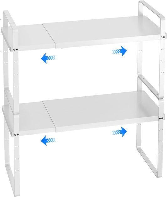 Expandable Cabinet Shelf Organizer, Stackable Kitchen Pantry Counter Storage, Adjustable Closet Cupboard Stand Rack Risers Spice Organization 80LBS Heavy Duty White Small 2 Pack