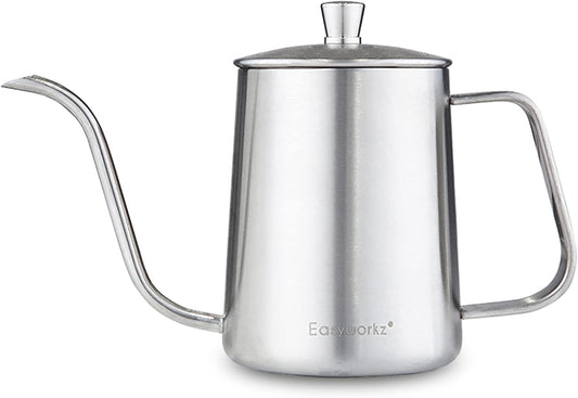 Easyworkz Gage Gooseneck Pour Over Coffee Kettle 12 oz Stainless Steel Hand Drip Long Narrow Spout, Silver