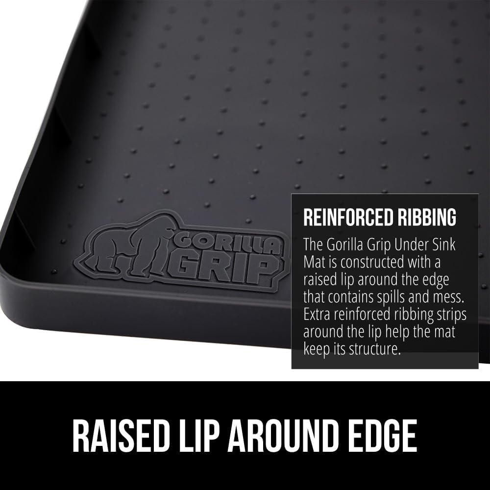 GORILLA GRIP Waterproof Silicone Under Sink Mat with Raised Lip for Kitchen and Bathroom, 46 x 22 in, Cabinet Shelf Liner Stay in Place Mats Dishwasher Safe Drawer Liner, Organizer Tray, Black
