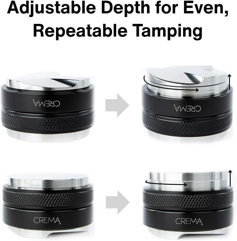 Crema Coffee Products 58mm Hand Tamper & Coffee Distributor | Compatible with Flair Pro and Pro 2 Portafilter | Double-Sided, Adjustable Depth Tool | Made with Durable 304 Stainless Steel | Silver
