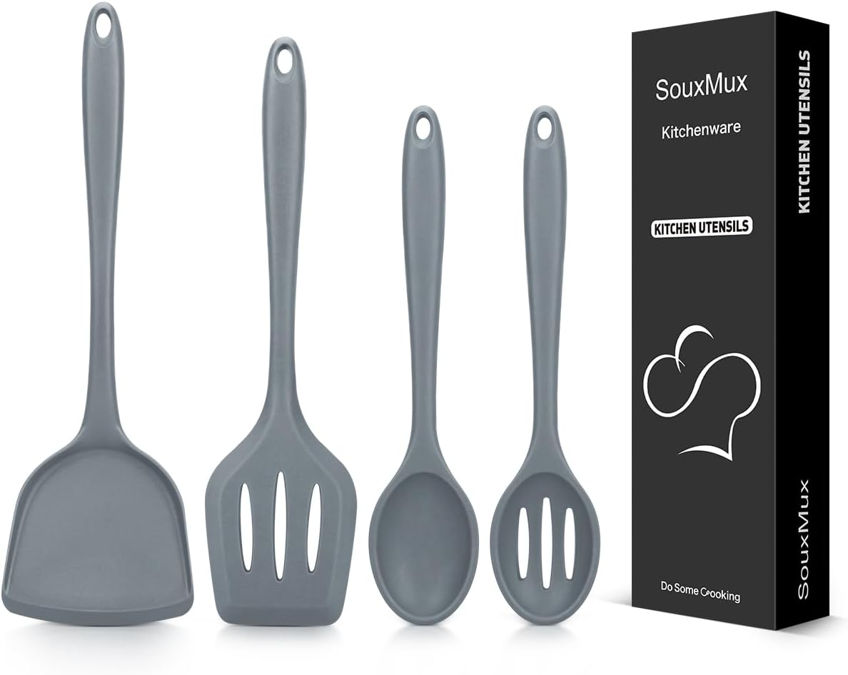4 Pcs Silicone Kitchen Utensils Set, Wok Spatulas-Slotted Turner-Cooking Spoon-Slotted Spoon, Nonstick BPA Free High Heat Resistant Cooking Utensils for Frying, Mixing, Serving, Draining, Stirring