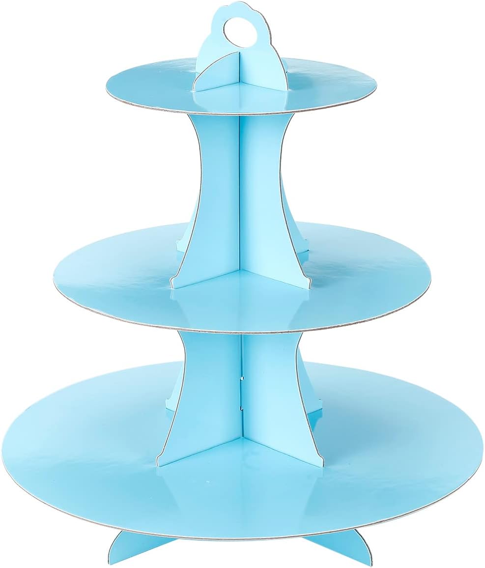 3-Tier Cupcake Stand, Cake Stand holder, Tiered DIY Cupcake Stand Tower for Dessert Table Displays, Birthday Theme Party Favors Decoration, Floral Tea Party, 12" W x 12.8" H, Light Blue