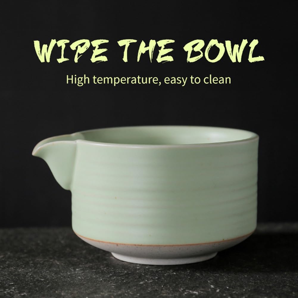 Matcha Traditional Porcelain Tea Bowl with Pour Spout - Hand Made Porcelain with Light Green Matte Glaze - Perfectly Whisked Matcha Green Tea, 430ml/ 14.5oz