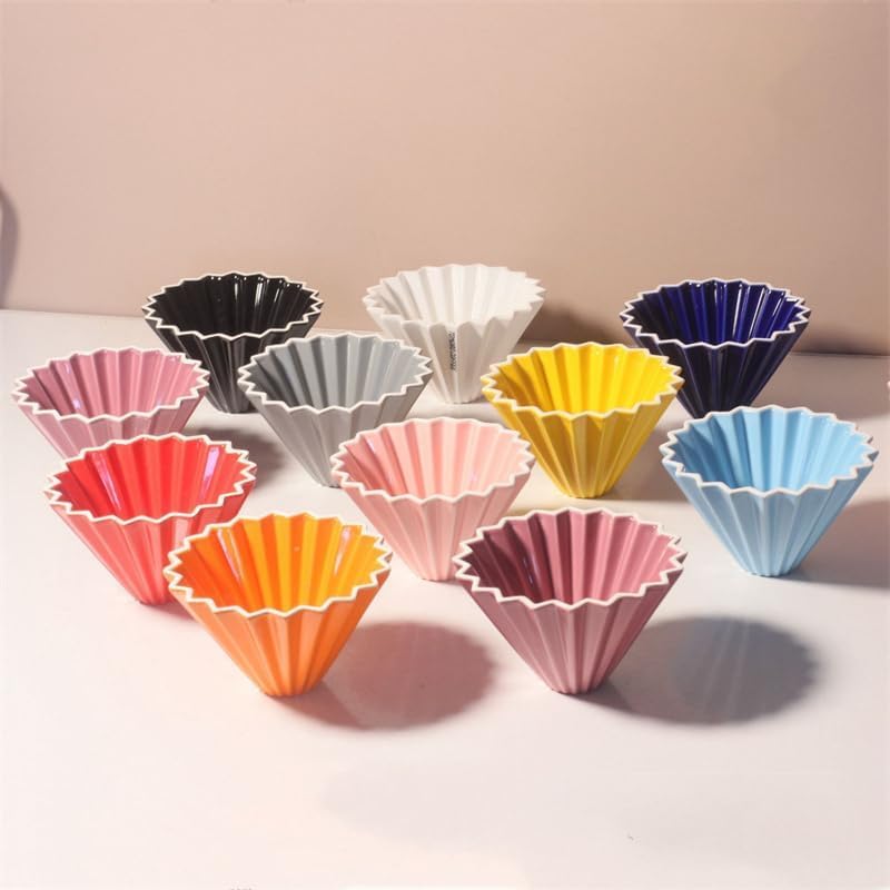 Ceramic Coffee Dripper Pour Over Coffee Maker with Wood Stand Elegant Flower Shape V60 Filter (white)