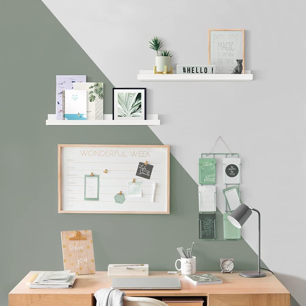 Forbena 24 Inch Floating Nursery Book Shelves for Wall, White Kids Wall Bookshelf for Bedroom, Picture Ledge Shelf with Lip for Baby Bathroom, Living Room Office Art Books (Solid Wood, Set of 4)