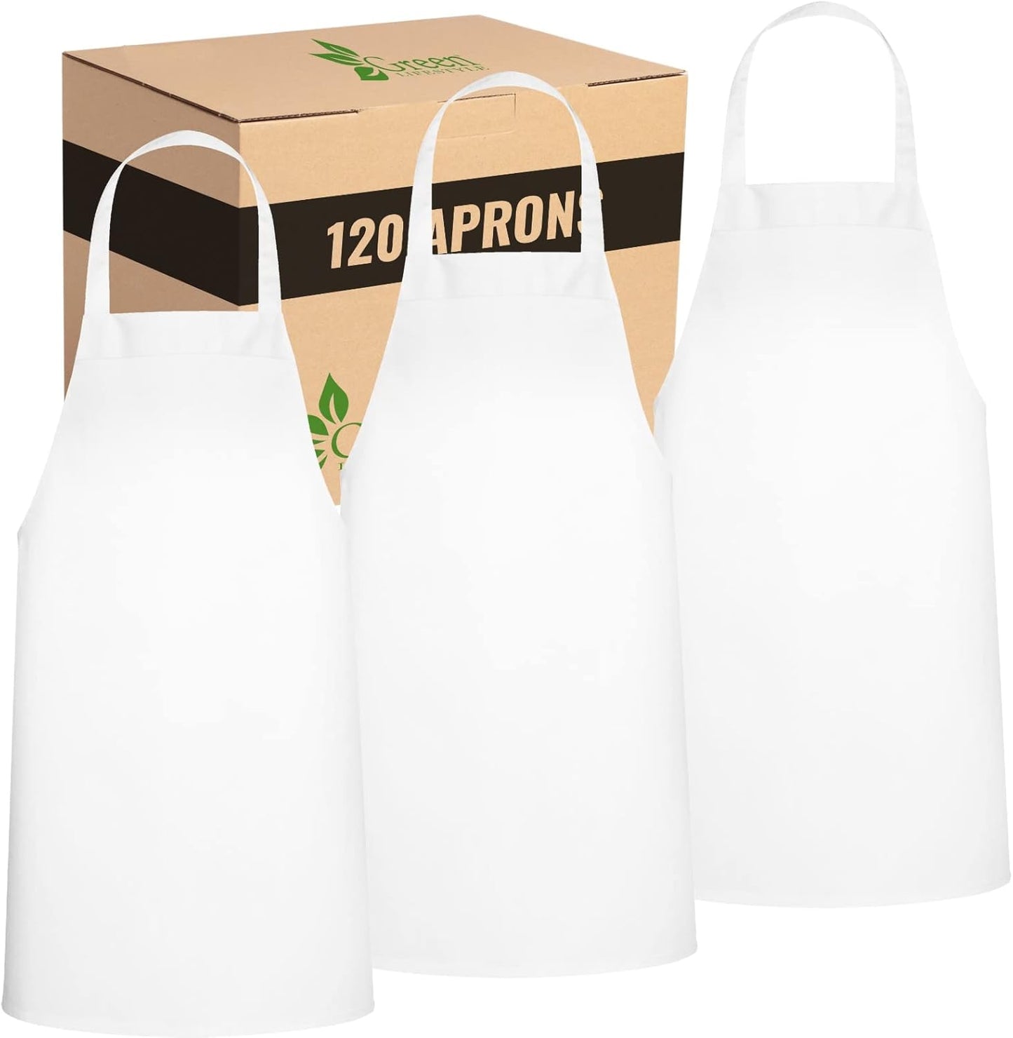 GREEN LIFESTYLE 120 Pack Professional Chef Apron – Grilling Aprons for Men, Waterproof Cooking Apron for BBQ, Work or Restaurant Use, Kitchen Aprons for Women – White, No Pockets